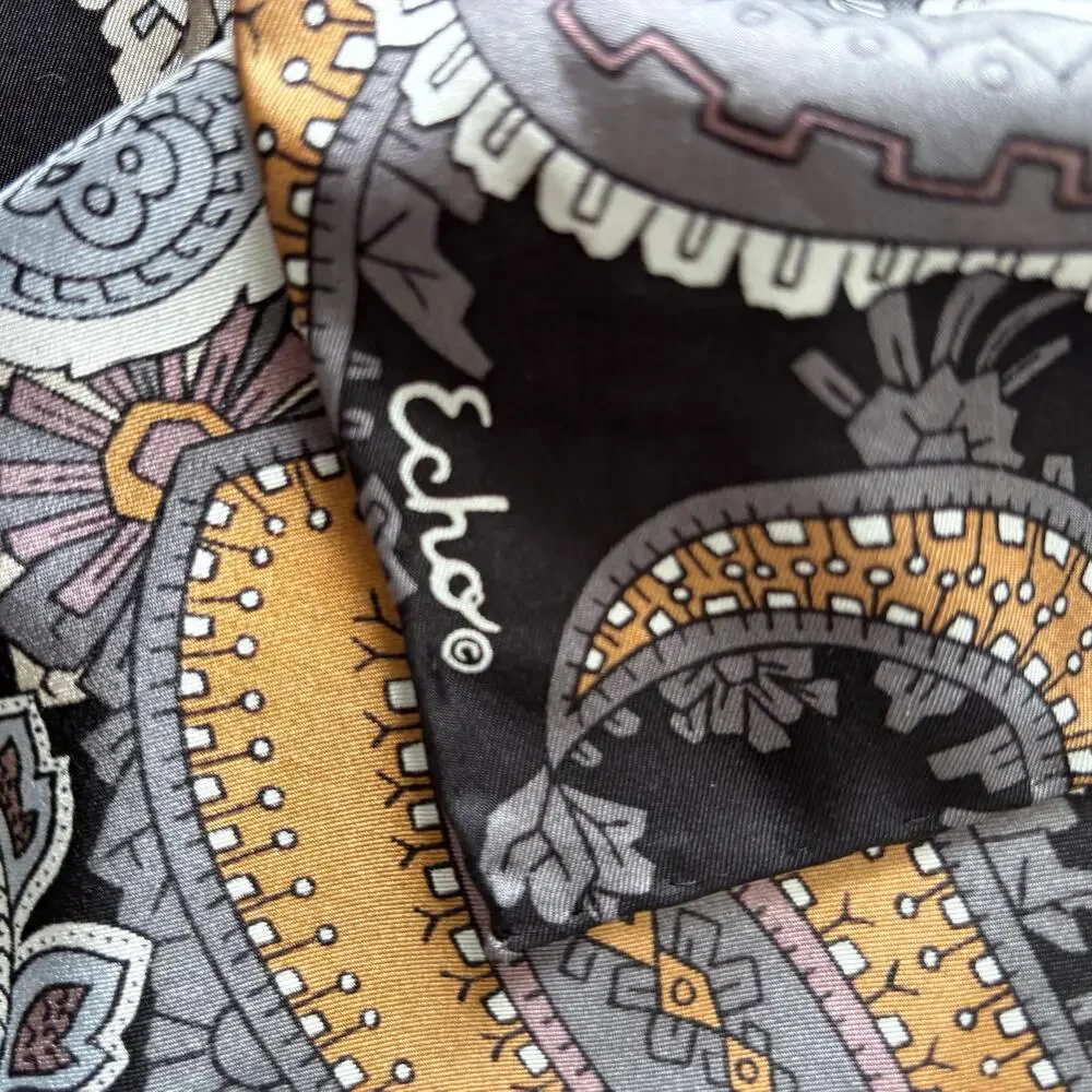 Vintage ECHO silk scarf black tan gray white paisley geometric 30
